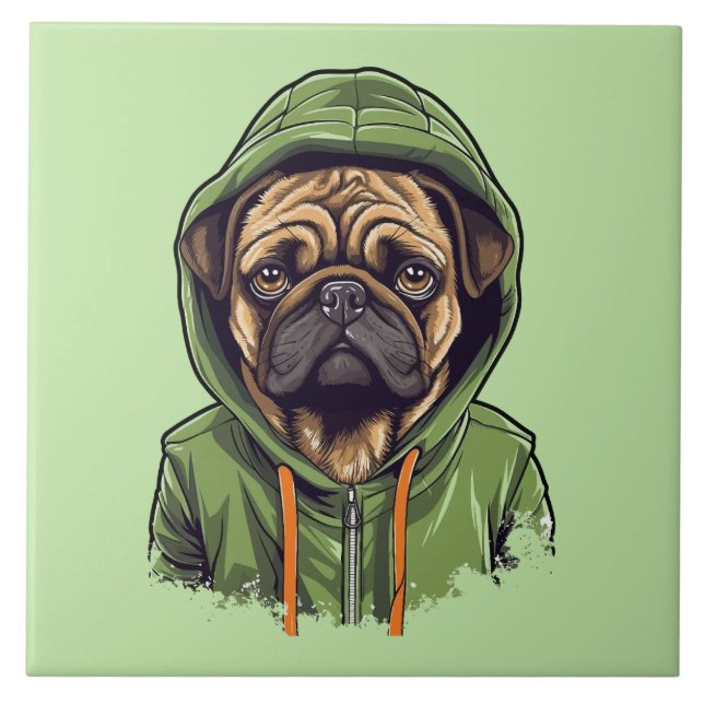 Azulejo Perro de Pug con capucha verde (Frente)