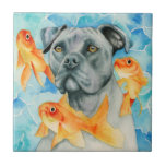 Azulejo Perro del pitbull del guarda el | y acuarela de<br><div class="desc">Ésta es una pintura de la acuarela de un perro del pitbull y de los goldfishes del naranja que flotan alrededor de él. Utilicé las pinturas de la acuarela de Holbein y de Daniel Smith en el papel presionado caliente de los arcos.</div>