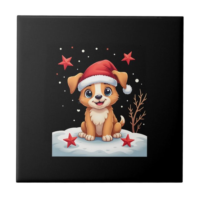 Azulejo Perro Divertido con Estrellas de Navidad para la T (Frente)
