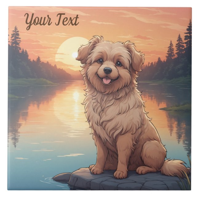 Azulejo Perro Doodle junto al lago (Frente)