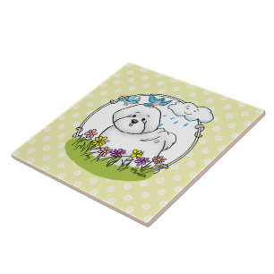 Azulejo Perro frito de Bichon primavera con flores - lindo