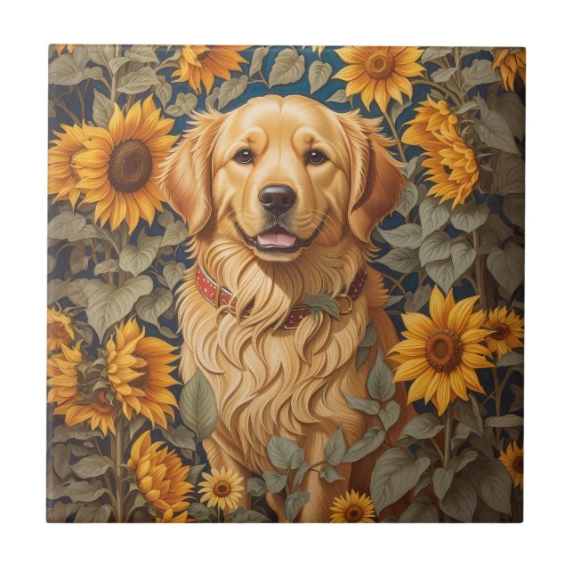 Azulejo Perro Golden Retriever En El Campo Del Girasol (Frente)