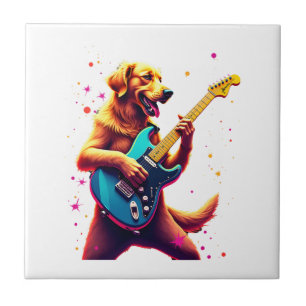 Azulejo Perro Golden Retriever tocando Rock con Guitarra E