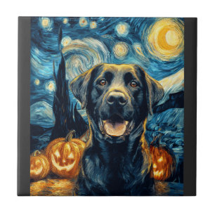 Azulejo Perro Labrador Negro Adorable Calabaza de Hallowee