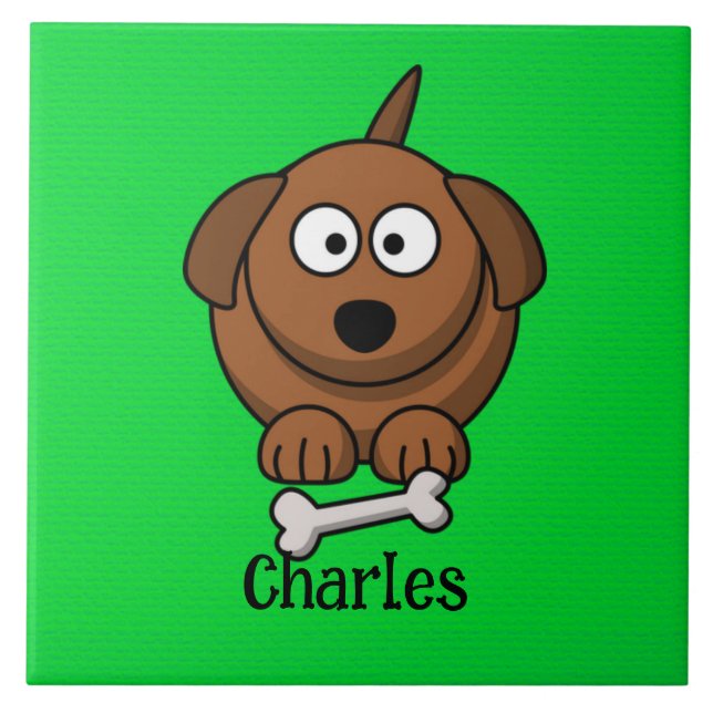 Azulejo Perro marrón con hueso personalizado en verde (Frente)