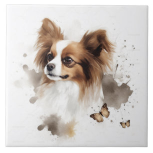Azulejo Perro Papillon acuarela con mariposas