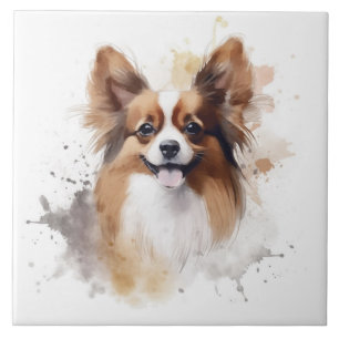 Azulejo Perro Papillon marrón y blanco acuarela