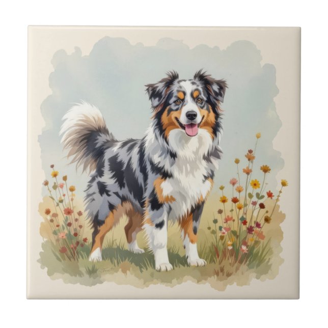 Azulejo Perro Pastor Australiano Merle Cola Larga (Frente)