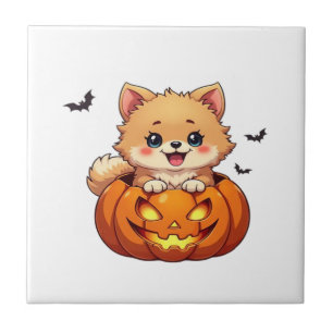 Azulejo Perro Pomerania Feliz Halloween calabaza Camiseta 
