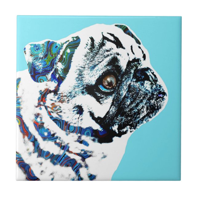 Azulejo Perro Pug 166 fondo azul (Frente)