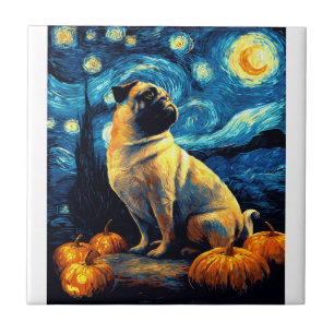 Azulejo Perro Pug de la noche estrellada de van gogh hallo