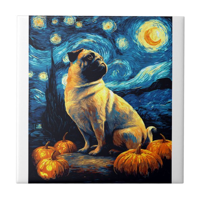 Azulejo Perro Pug de la noche estrellada de van gogh hallo (Frente)