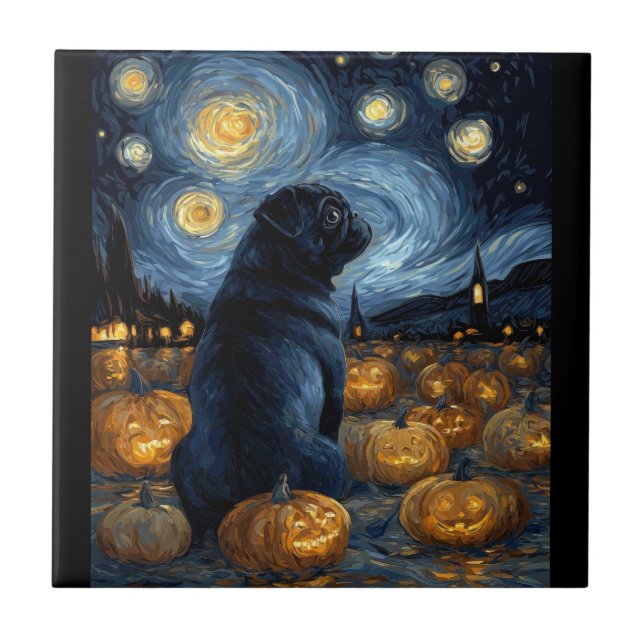 Azulejo Perro Pug negro de la noche estrellada de van gogh (Frente)