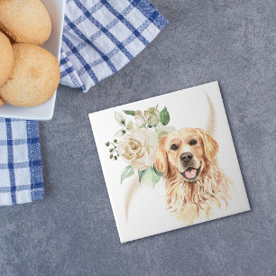 Azulejo Perro recuperador de oro de la rosa blanca