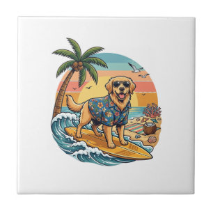 Azulejo Perro Retriever Dorado Surfing Surfboard Atardecer