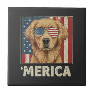 Azulejo Perro Retriever Dorado Vintage Bandera 'Merica