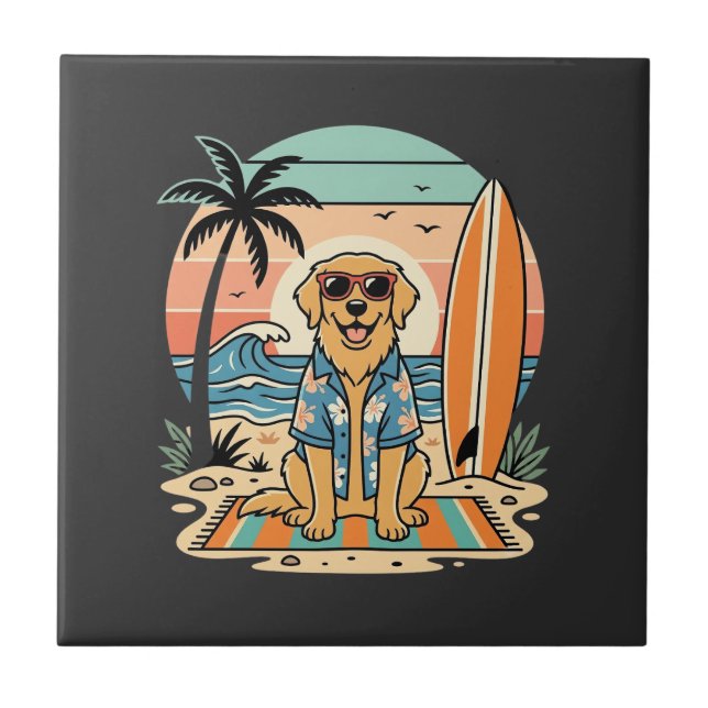 Azulejo Perro Surfista Playa Retro Verano (Frente)