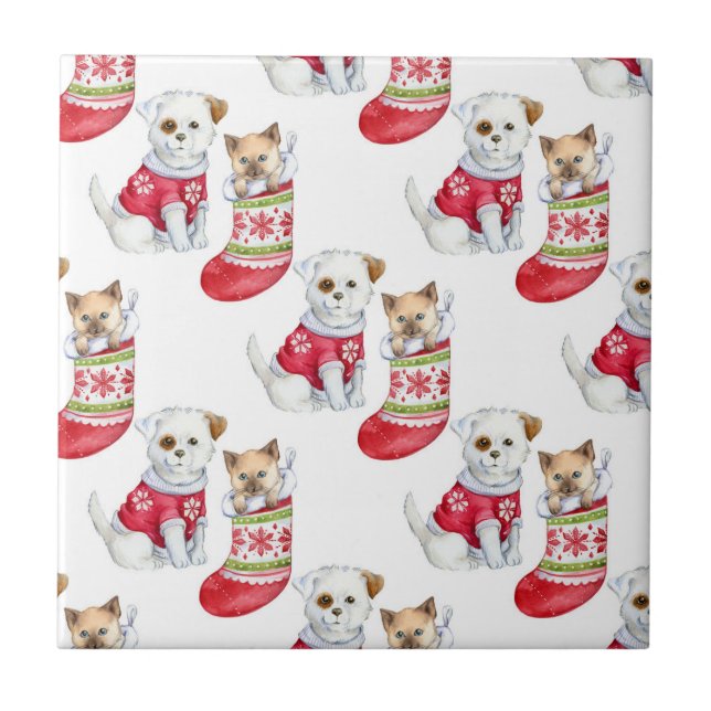 Azulejo Perro y gato de Navidad (Frente)