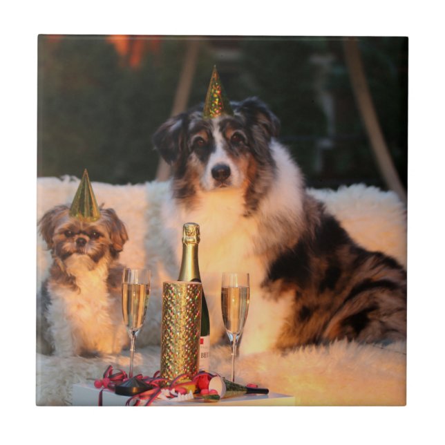 Azulejo Perros celebrando Año Nuevo (Frente)