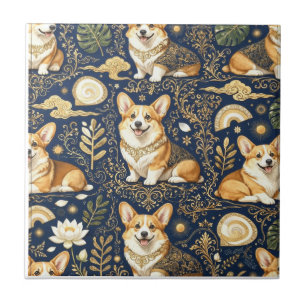 Azulejo Perros Corgi Elegantes Patrón de Damasco Dorado Az