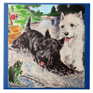 Azulejo Perros escoceses Pesca blanca y negra