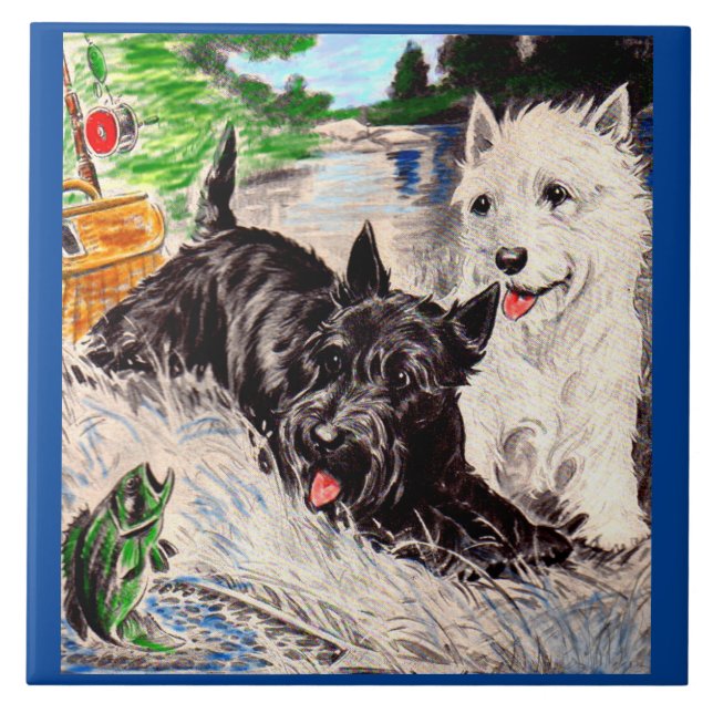 Azulejo Perros escoceses Pesca blanca y negra (Frente)