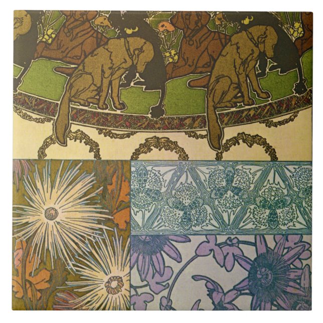 Azulejo Perros y flores de estilo Art Nouveau, Mucha (Frente)