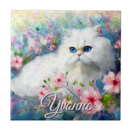 Azulejo Persian Cat Blue Eyes in Pink Flowers Personalized