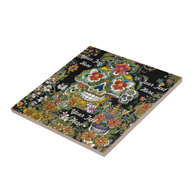Azulejo Personalizable de huesos en flor de arte de cráneo (Lado)