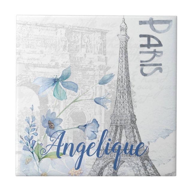 Azulejo Personalizado de Escena de París y Flores Azules (Frente)