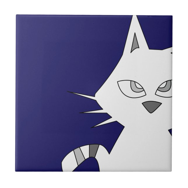 Azulejo Personalizado de gato blanco sobre azul (Frente)