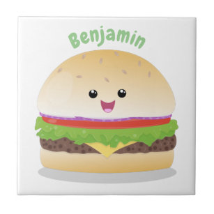 Azulejo Personalizado de hamburguesa kawaii feliz