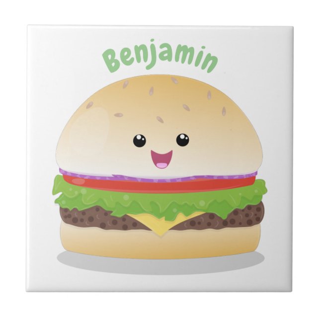 Azulejo Personalizado de hamburguesa kawaii feliz (Frente)