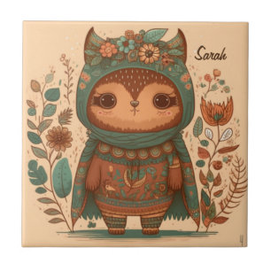 Azulejo Personalizado de lechuza floral cute boho