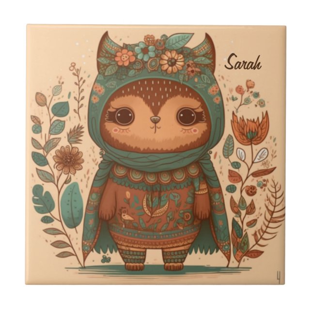 Azulejo Personalizado de lechuza floral cute boho (Frente)
