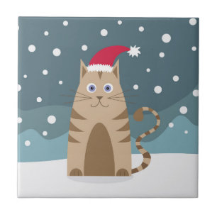 Azulejo Personalizado gato de Navidad con sombrero de sant