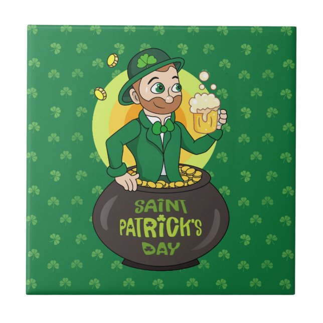 Azulejo Personalizado leprechaun en una olla de oro sosten (Frente)