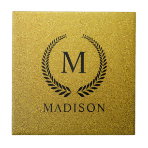 Azulejo Personalizado Monograma Dorado Negro y Brillo Dora
