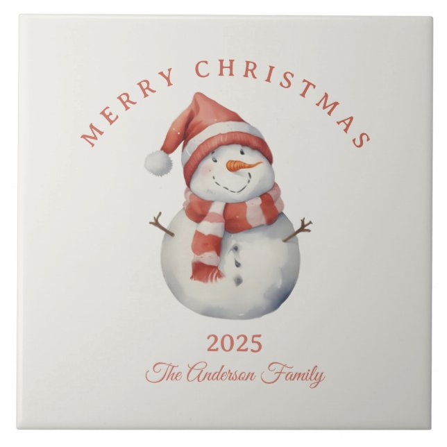Azulejo Personalizado Navidades de acuarela de Snowman vív (Frente)