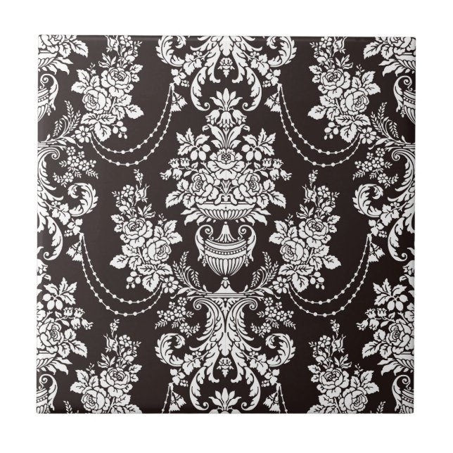 Azulejo Personalizar blanco y negro del modelo del damasco (Frente)