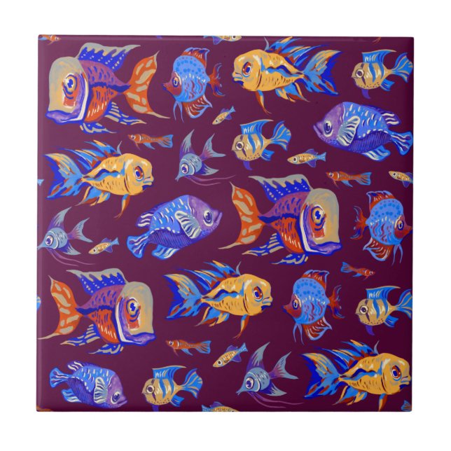 Azulejo Pesca tropical divertida en morado oscuro (Frente)