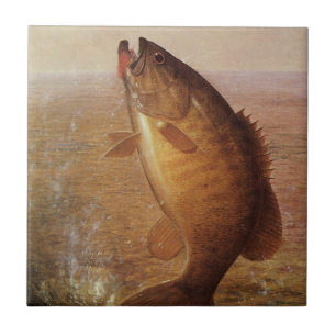 Azulejo Pesca Vintage, lubina de boca pequeña saltando en 