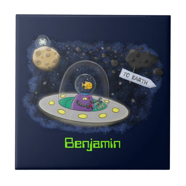 Azulejo Pescado alegre lindo del ilustracion del personali (Frente)