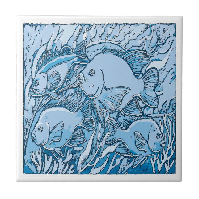 Azulejo Pescado azul y algas marinas, aspecto holandés azu (Frente)