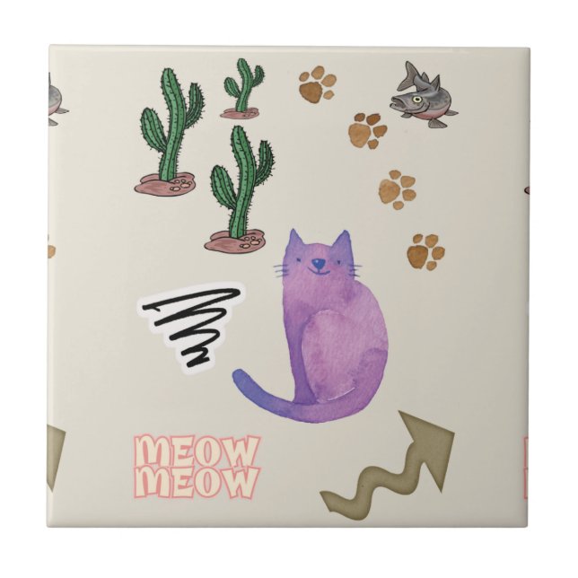 Azulejo Pescado de gato de mosaico cerámico Cactus Meow Pa (Frente)