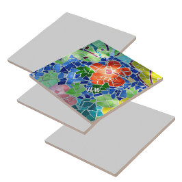 Azulejo Pescado de Koi Verde y Mosaico Colorido de Flor Ro