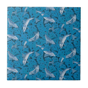 Azulejo Pescado Natación Algas Algas Coral Azul Vintage Cl