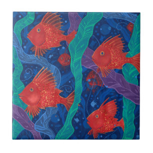 Azulejo Pescado rojo, algas marinas, animales marinos, art