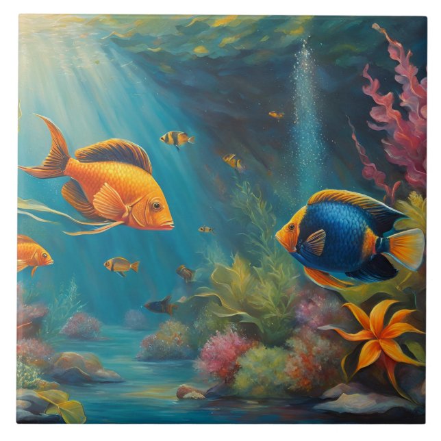 Azulejo Pescado tropical en el océano con coral y algas ma (Frente)