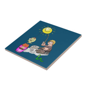 Azulejo Pescador de mosaico cerámico, pescado, sol, azul